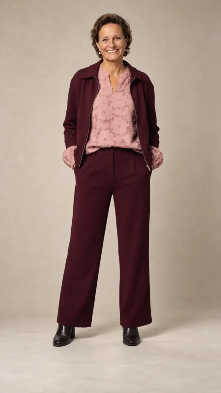 Vrouw in een bordeauxrode wide leg pantalon met elastische band van Enjoy, gecombineerd met een roze blouse en vest