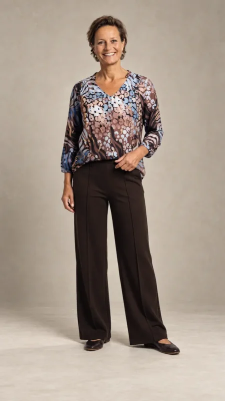 Vrouw in een blouse met print en een donkerbruine wide leg pantalon met elastische band van Enjoy